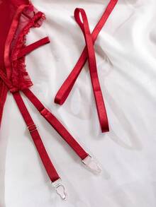 SHEIN Conjunto De Lencería Sexy De 3 Piezas De Encaje Y Malla Unidos - Burdeos - Ver 4