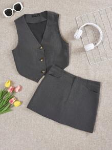 SHEIN EZwear Button Front Vest Blazer & Bodycon Skirt Without Shirt - Dark Grey - View 1