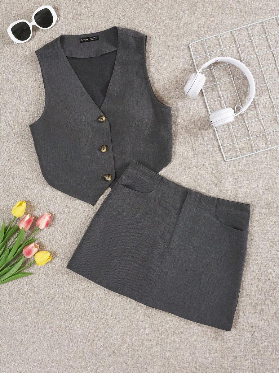 SHEIN EZwear Button Front Vest Blazer & Bodycon Skirt Without Shirt - Dark Grey - View 1