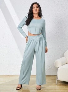 SHEIN Essnce 大尺碼對比縫合兩件套裝 - 淺藍色 - 查看 1