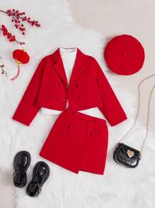 SHEIN 年輕女孩雙排扣西裝外套、裙子和帽子 - 紅色 - 查看 1