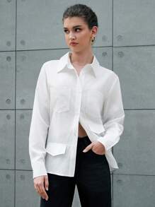 Anewsta Camisa De Color Sólido Con Parche Y Bolsillo - Blanco - Ver 6