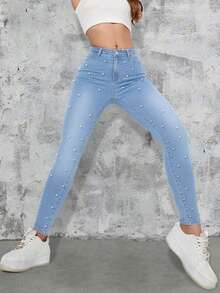 Pantalones sexys ajustados decorados con remaches de perlas - Lavado ligero - Ver 3