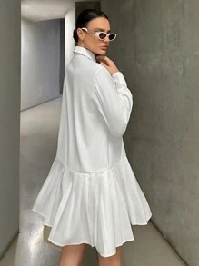 SHEIN Essnce 女士長袖襯衫領連身裙 - 白色 - 查看 3