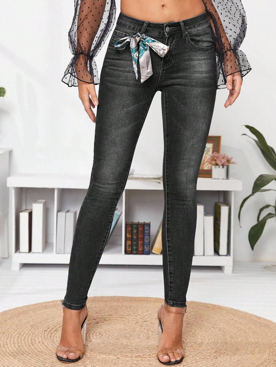 EURMUSE Washed Skinny Denim Jeans - Dark Grey - View 1