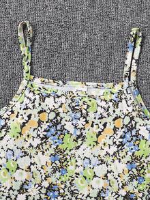 Girls' Knot Detail Knit Top And All Over Print Cami Dress Set - Olive Green - View 6