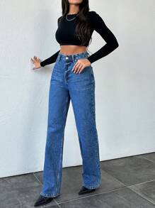 EURMUSE 高腰直腳牛仔褲,具有洗滌效果 - 中等水洗藍 - 查看 3