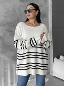SHEIN Cottnline Kích thước lớn Sọc Thả vai Áo len - Màu be - Xem 3