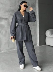 EURMUSE Plus Size Solid Color Casual Jacket And Pants 2 Pieces Set, Autumn/Winter - Dark Grey - View 5