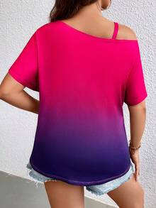 SHEIN LUNE Áo thun nữ cổ bẻ bất đối xứng viền xoắn gradient cỡ lớn Áo thun họa tiết áo thun nữ - Nhiều màu - Xem 2