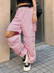 Pantalones Cargo Generales Con Cremallera De Color Rosa Para Mujer - Rosa - Ver 4