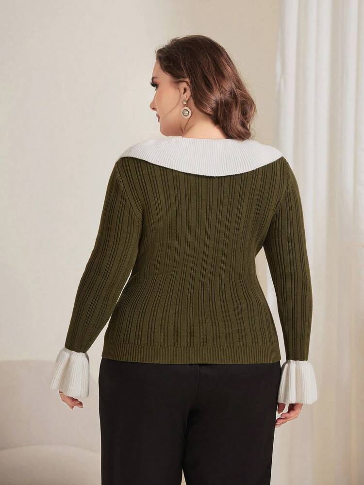 Plus Size Color Block Bell Sleeve Sweater Knit Pullover Fall Winter Sweater