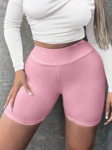 VaVaBold Wideband High Waist PU Leather Biker Skinny Shorts - Pink - View 1