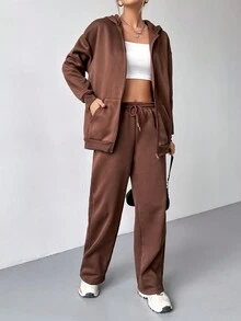 SHEIN EZwear 下垂肩拉鍊連帽衫和運動長褲 - 咖啡棕 - 查看 5