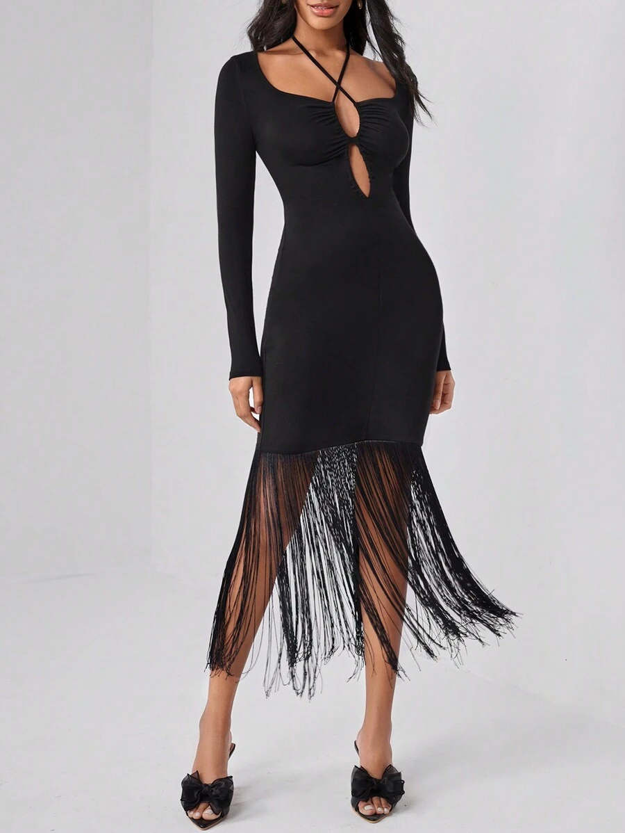 Taranthola 设计师交叉系带流苏下摆紧身连衣裙、优雅连衣裙、秋季新年夜服装，适合秋季、节日、派对 - 黑色 - 查看 1