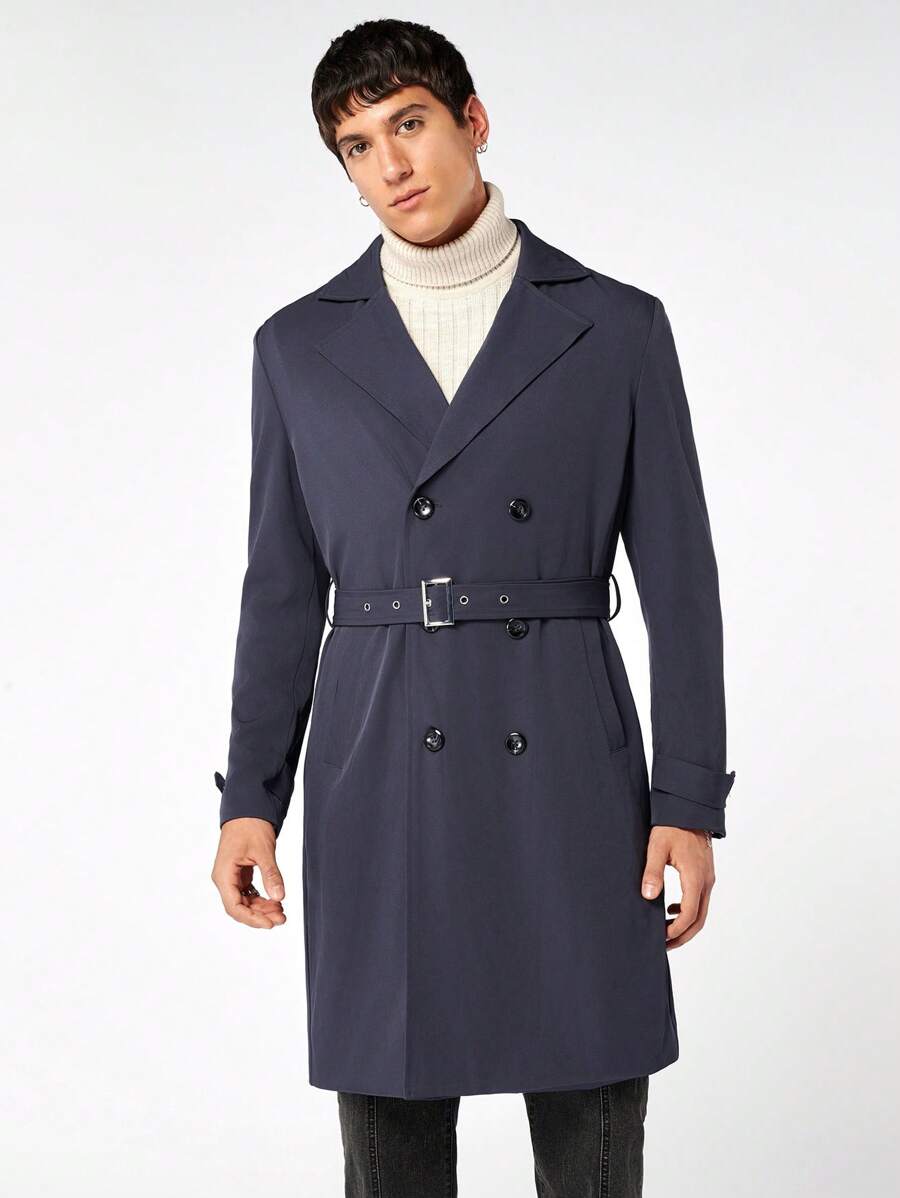 GENTILAND 男式纯色双排扣系带风衣