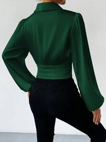 SHEIN Privé 女式燈籠袖襯衫 - 墨綠色 - 查看 2