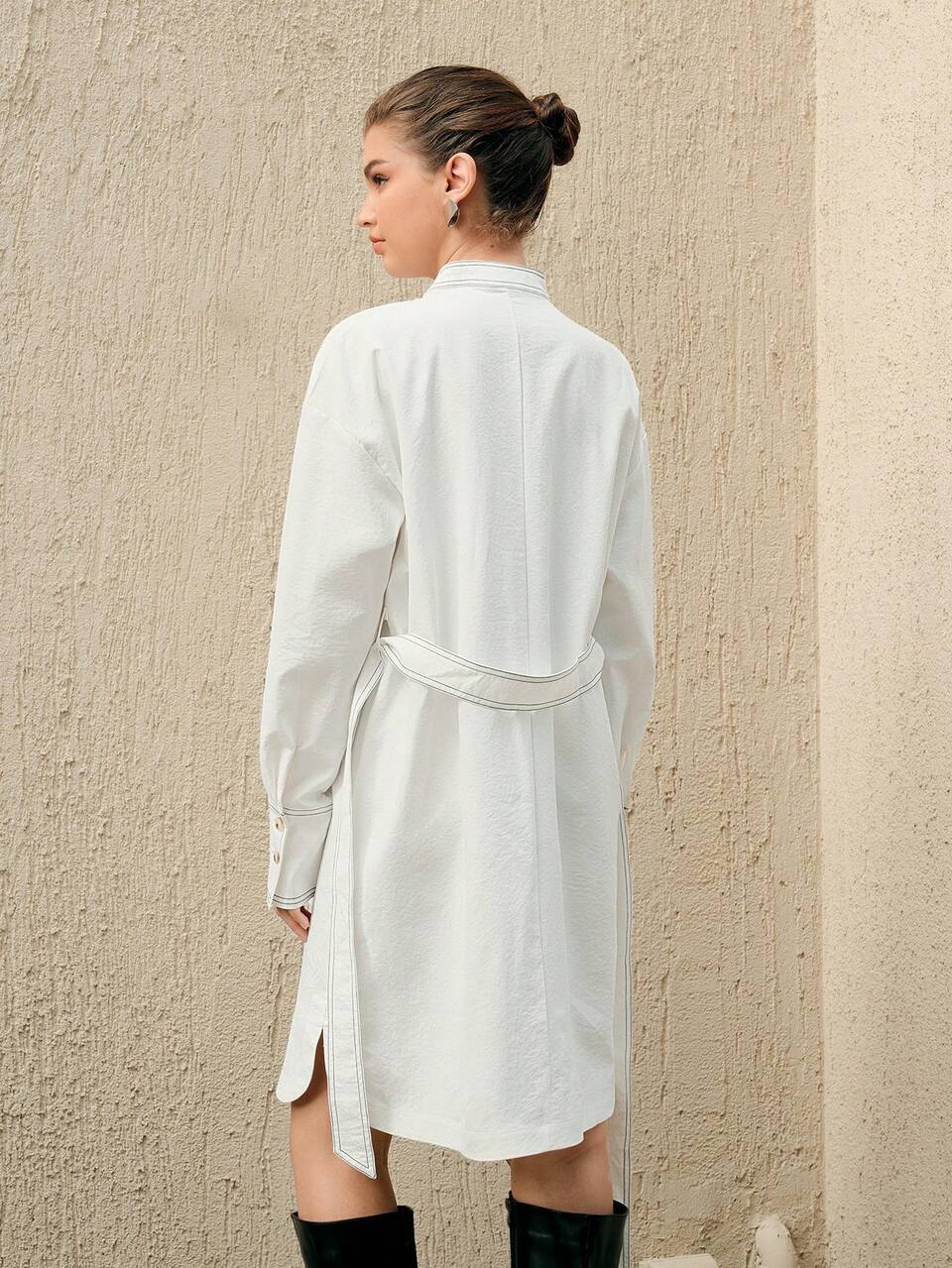 Keyhole Neckline Drop Shoulder Belted Dress