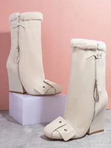 SHUZIA Women's Fashionable Personalized Zipper Chunky Heel Platform Boots - Beige - View 2