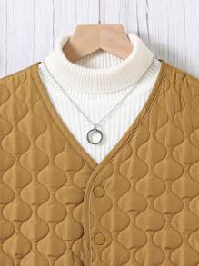 SHEIN Tween Girl Winter Onion Quilting V-Neck Coat With Lining - Khaki - View 4