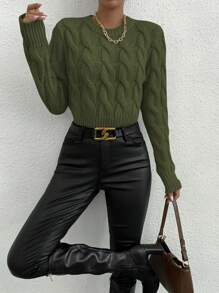 Chiquease Solid Color Pullover Knit Pullover Fall Winter Sweater - Army Green - View 7