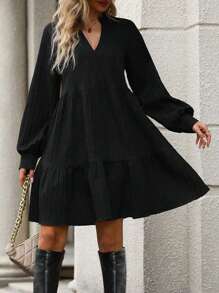 SHEIN Clasi Solid Loose Fit V-neck Long Sleeve Dress - Black - View 1