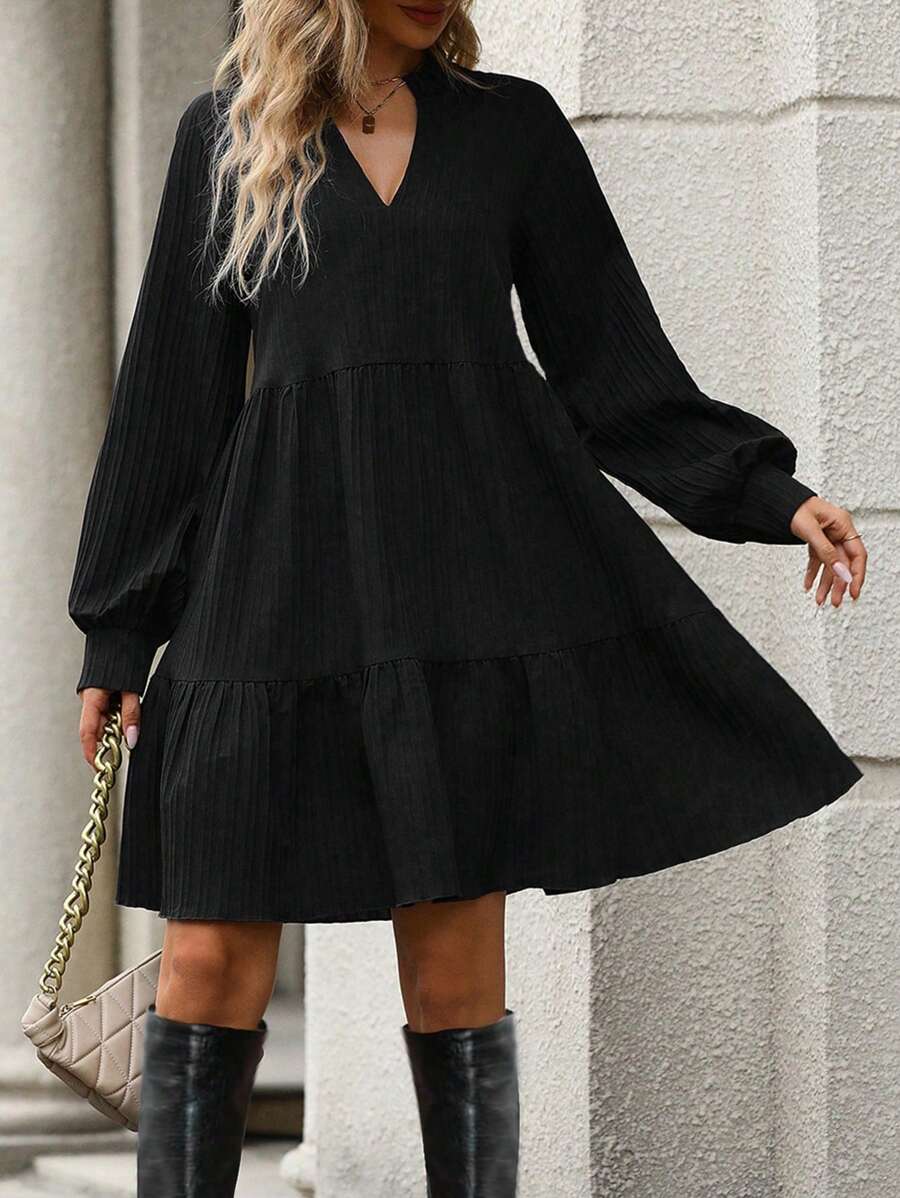 SHEIN Clasi Chất rắn Lỏng lẻo phù hợp Cổ chữ V Tay áo dài Đầm - màu đen - Xem 1