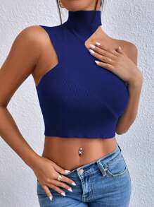 SHEIN Privé Của phụ nữ Xu hướng: Cắt giảm Mùa vụ Đồ đan Ribbed Áo - Xanh đậm - Xem 6