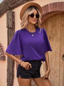 SHEIN Clasi 素色蝴蝶袖後鎖孔襯衫 - 紫色 - 查看 4