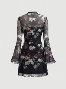 SHEIN MOD 花卉圖案&人像圖案木耳邊網紗洋裝 - 綠色 - 查看 2