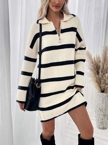 SHEIN LUNE 女士條紋毛衣連衣裙 - 杏色 - 查看 6