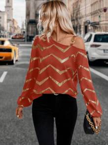 SHEIN Clasi 女士链条细节不对称肩部灯笼袖衬衫 - 紅木色 - 查看 1