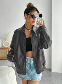 SHEIN EZwear 落肩拉鍊pu皮外套 - 深灰色 - 查看 4