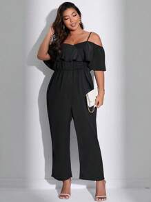 Celure Plus Size Solid Color Ruffled Hem Jumpsuit With Drawstring Waist - Black - View 4