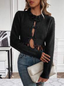 SHEIN Clasi Women'S Tie Front Open Cardigan - Black - View 1