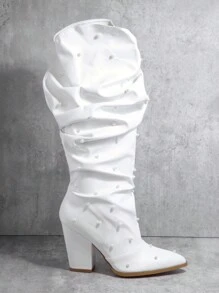 人造珍珠裝飾尖頭粗跟褶皺靴 - 白色 - 查看 2
