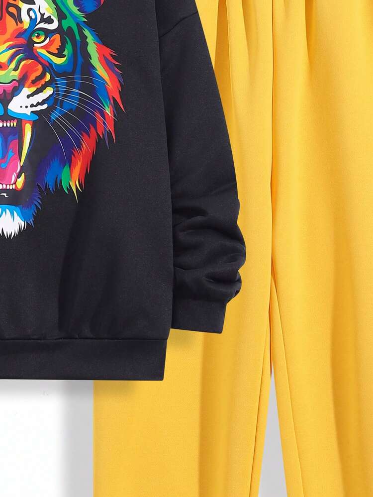 Boys' Casual Animal Print Hooded Pullover & Solid Color Knit Pants Set