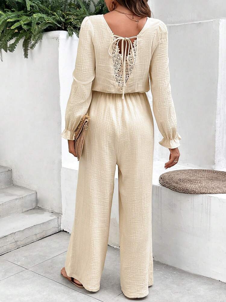 Solid Color Lace Splicing Strap Jumpsuit
