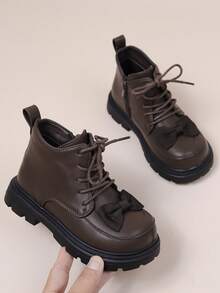 女童英伦风短靴，带蝴蝶结装饰和保暖内衬，适合秋冬季 - 棕色 - 查看 7