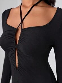 Taranthola 设计师交叉系带流苏下摆紧身连衣裙、优雅连衣裙、秋季新年夜服装，适合秋季、节日、派对 - 黑色 - 查看 5