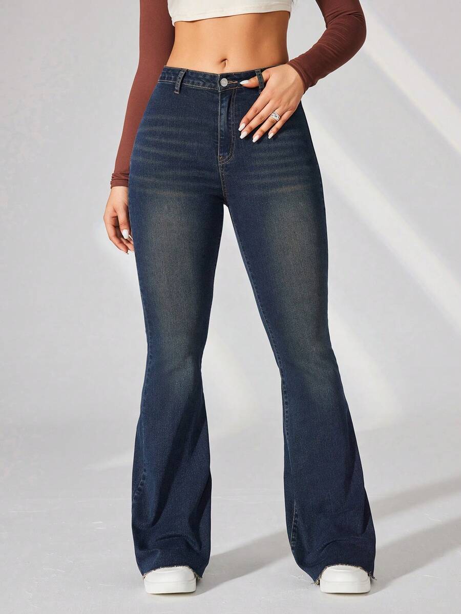 SHEIN EZwear Của phụ nữ Mèo Whisker Quần jean loe - Rửa tối - Xem 1