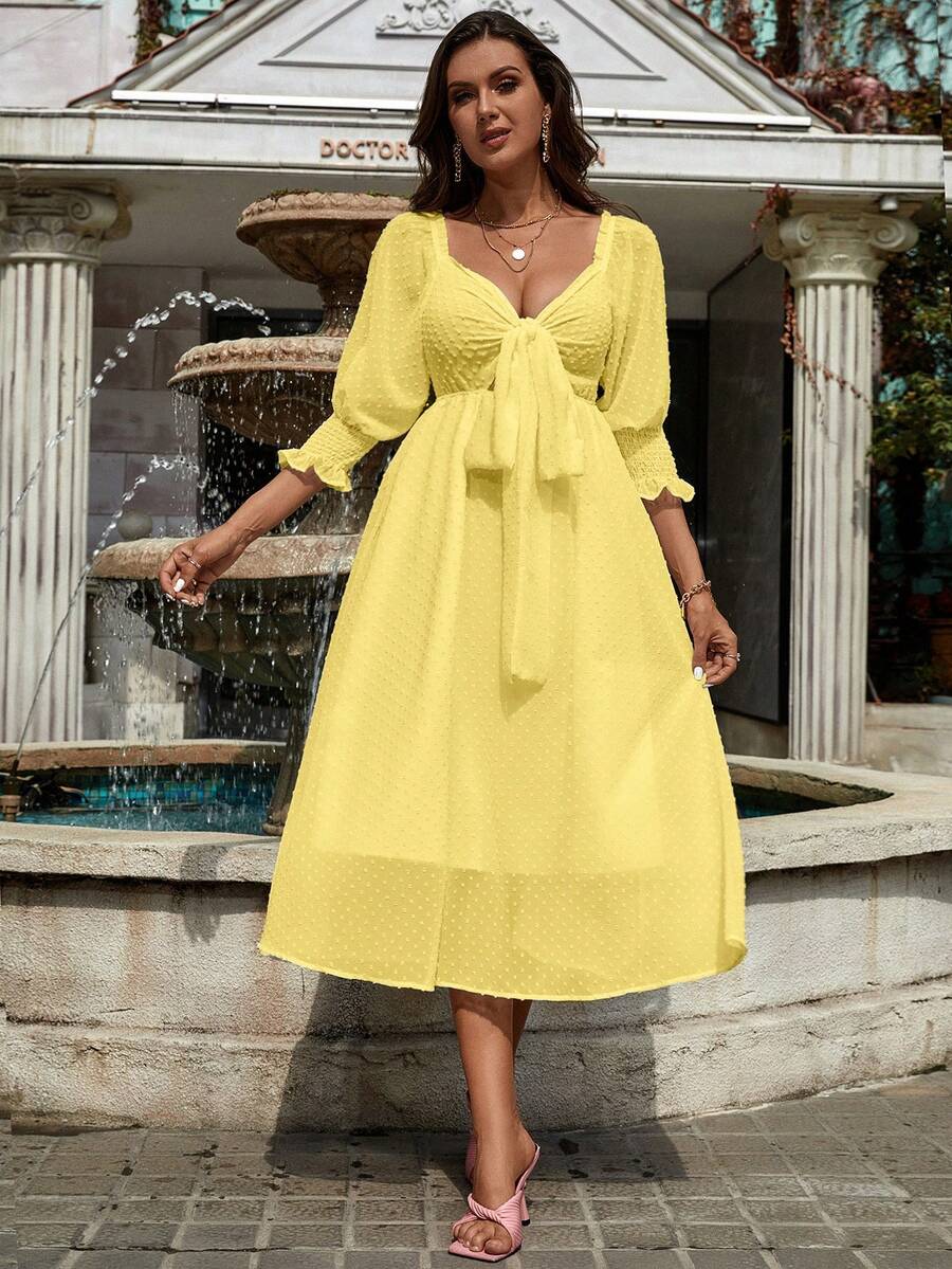 SHEIN Clasi 瑞士點點紮結前面荷葉袖連衣裙 - 黃色 - 查看 1