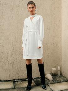 Anewsta Keyhole Neckline Drop Shoulder Belted Dress