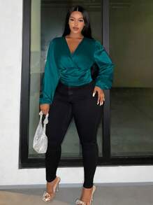 Slaydiva Blusa Con Cuello En V Cruzada De Color Liso De Talla Grande - Agua verde azul - Ver 3