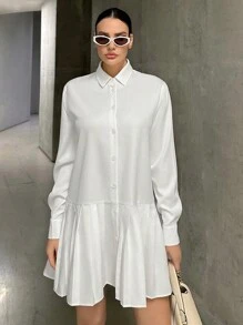 SHEIN Essnce 女士長袖襯衫領連身裙 - 白色 - 查看 2