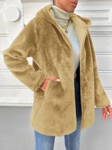 EURMUSE Zipper Hooded Fuzzy Coat - Camel - View 5