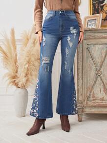 SHEIN LUNE Thêu hoa Rách Quần ống loe - Màu xanh lam - Xem 6