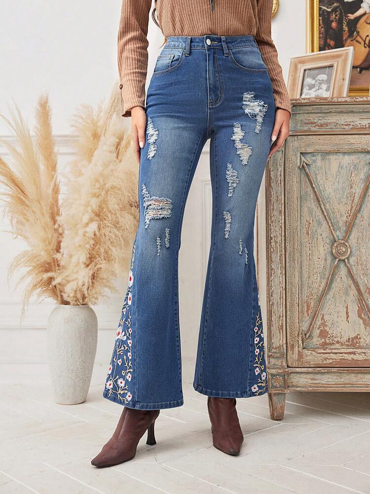 Floral Embroidery Ripped Flare Leg Jeans