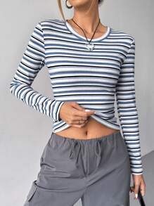 SHEIN EZwear Striped Print Crop Tee - Multicolor - View 4