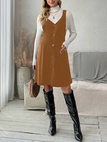 SHEIN Maternity Solid Color Button Front Design Dress - Brown - View 6